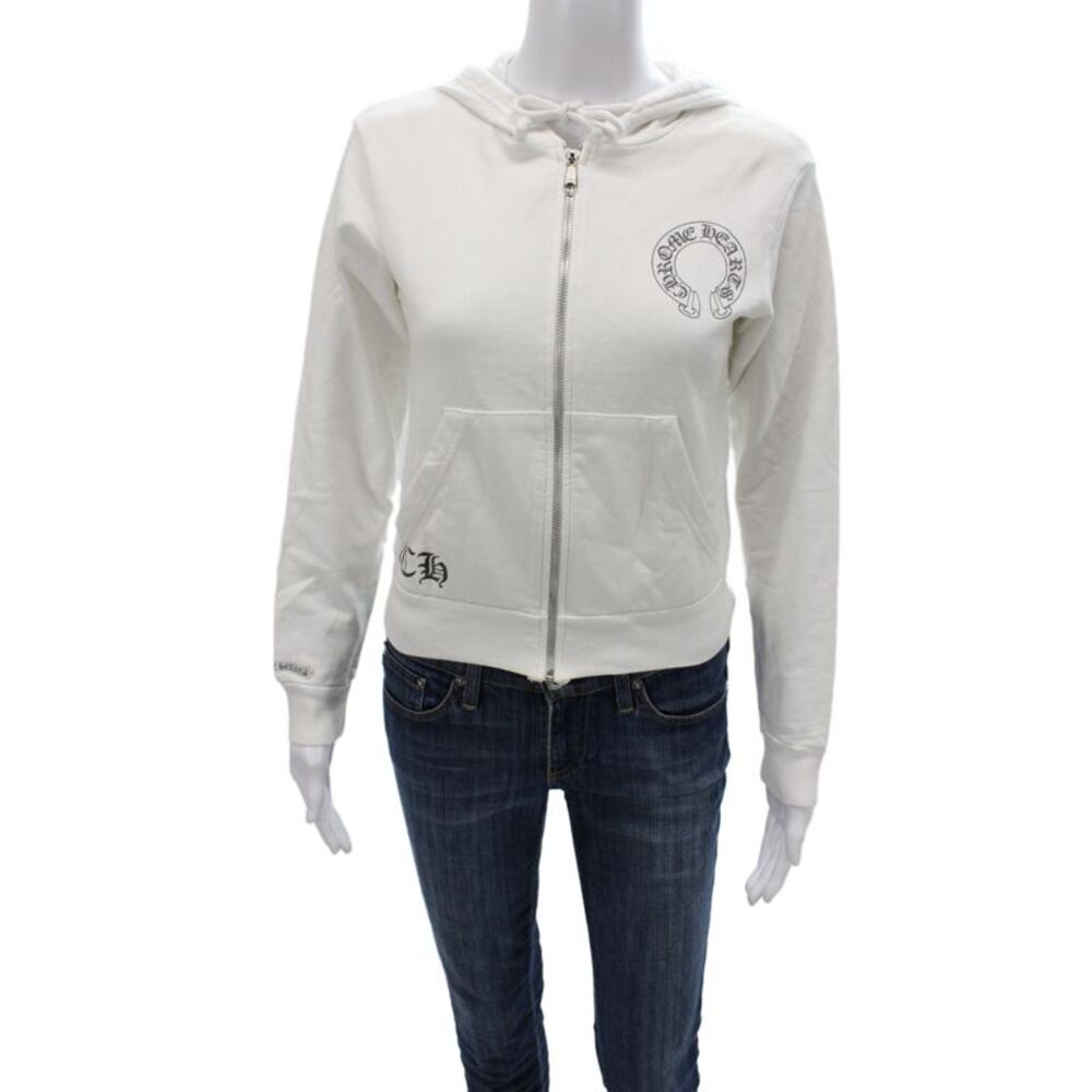 Chrome Hearts Womens White Full Zip Gothic Cotton High Neck Hoodie Size S